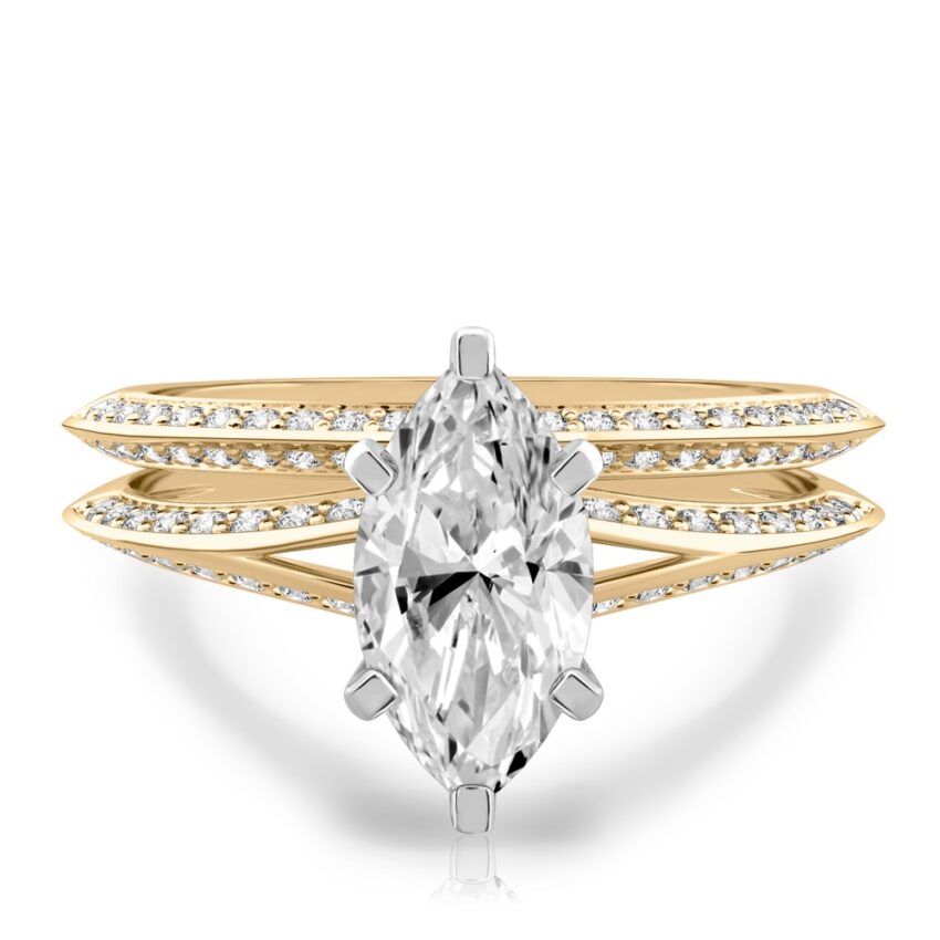 marquise cut diamond split shank knife edge engagement ring in set yellow gold