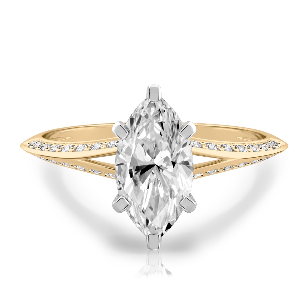 marquise cut diamond split shank knife edge engagement ring in yellow gold