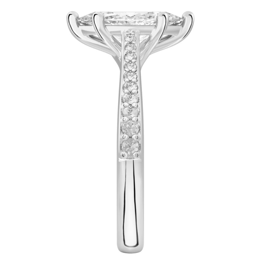 Side view of marquise cut diamond tapered engagement ring in platinum