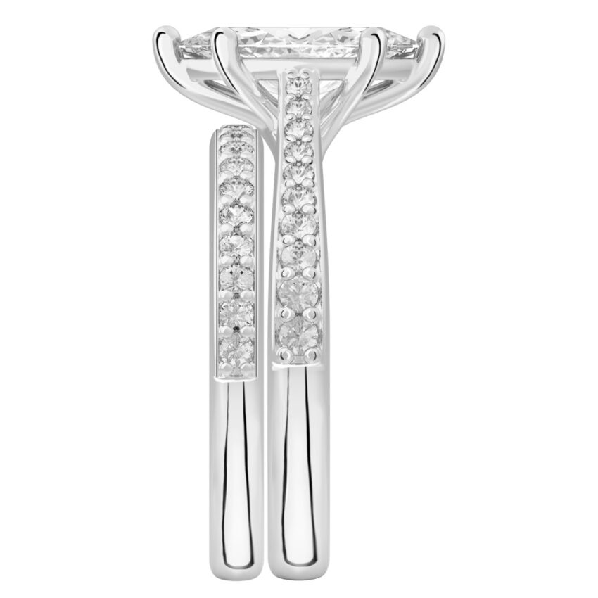 Side view of marquise cut diamond tapered engagement ring set platinum