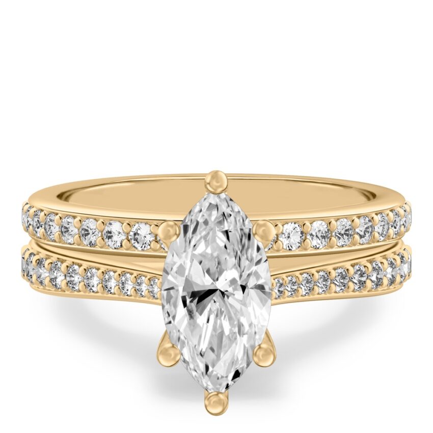 marquise cut diamond tapered engagement ring set yellow gold