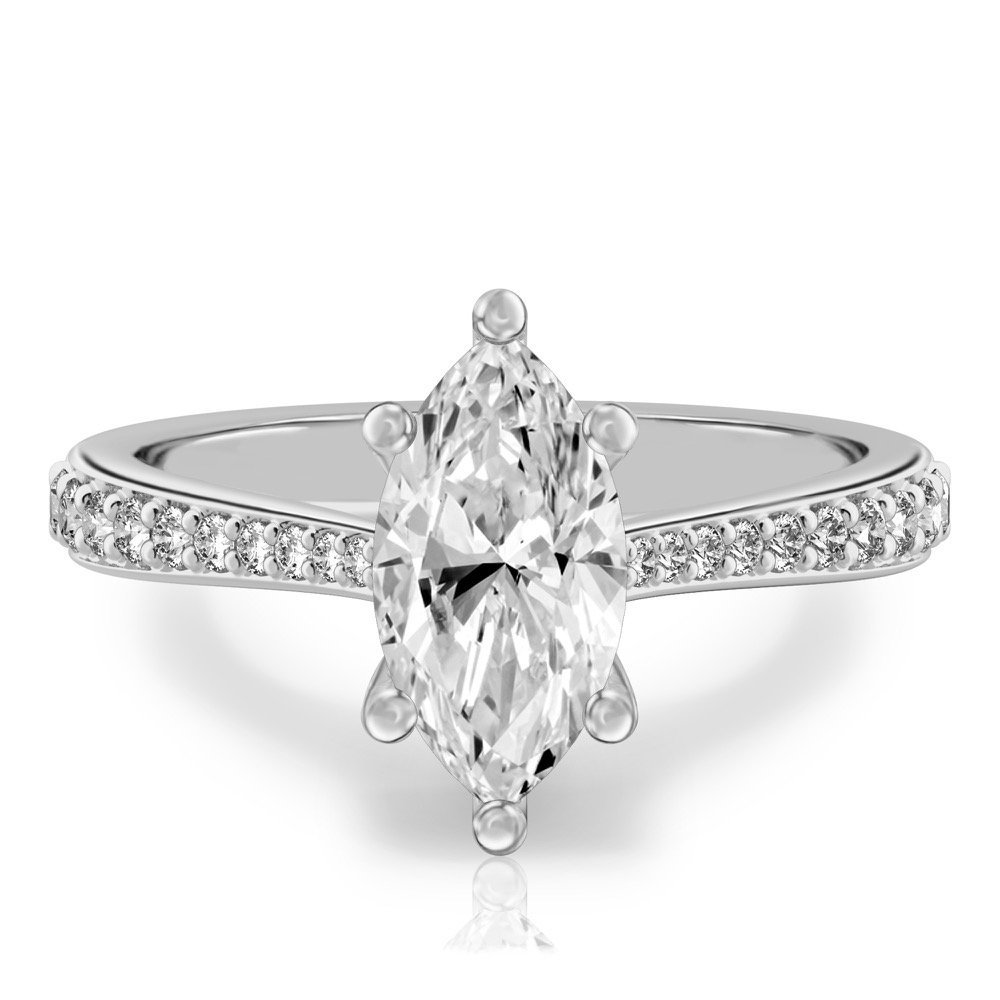 marquise cut diamond tapered engagement ring in white gold