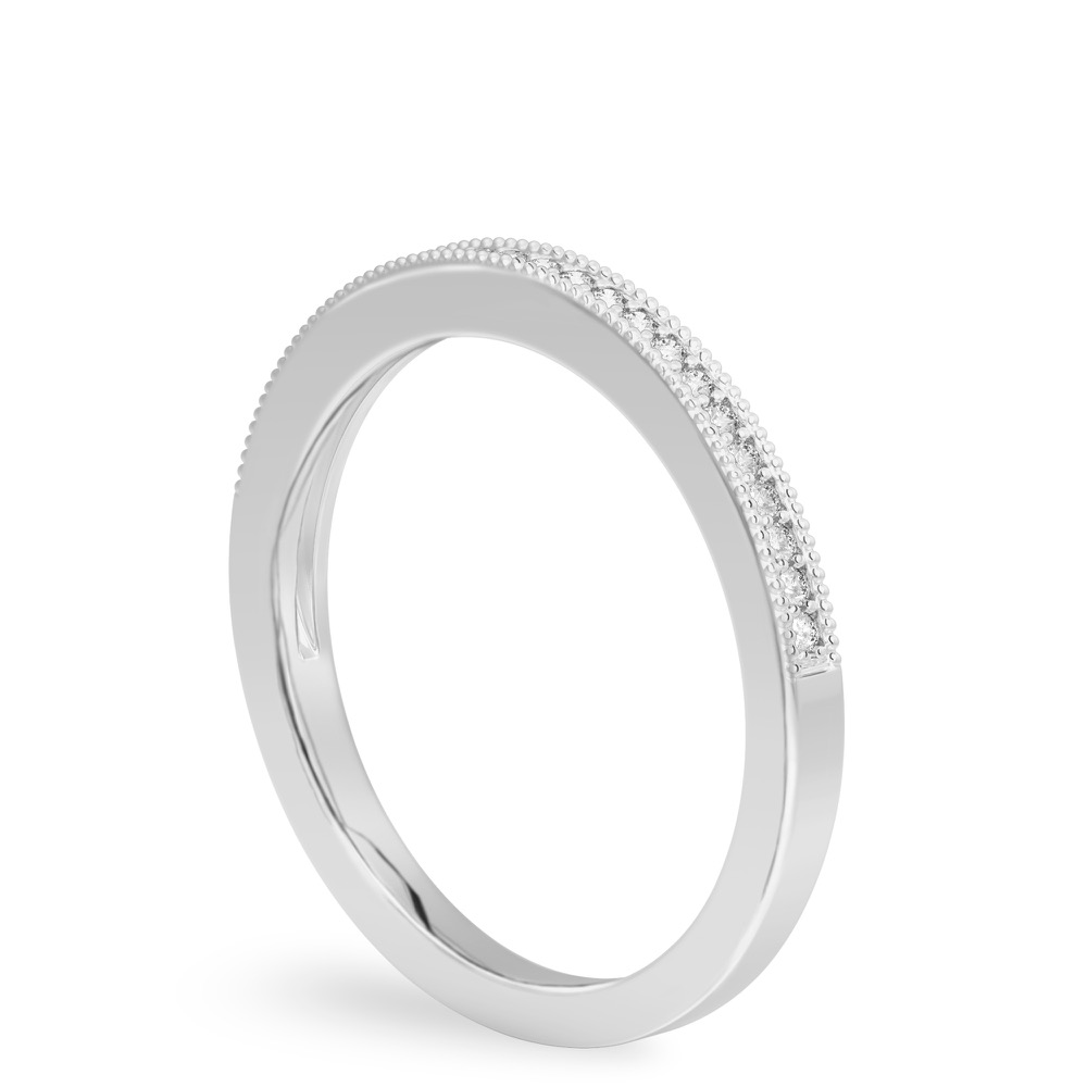 Angle view of milgrain diamond wedding band in platinum