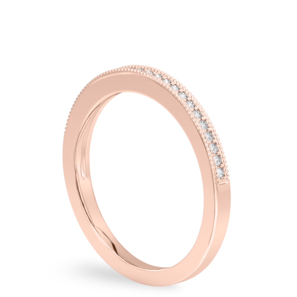 Angle view of milgrain diamond wedding band in rose gold