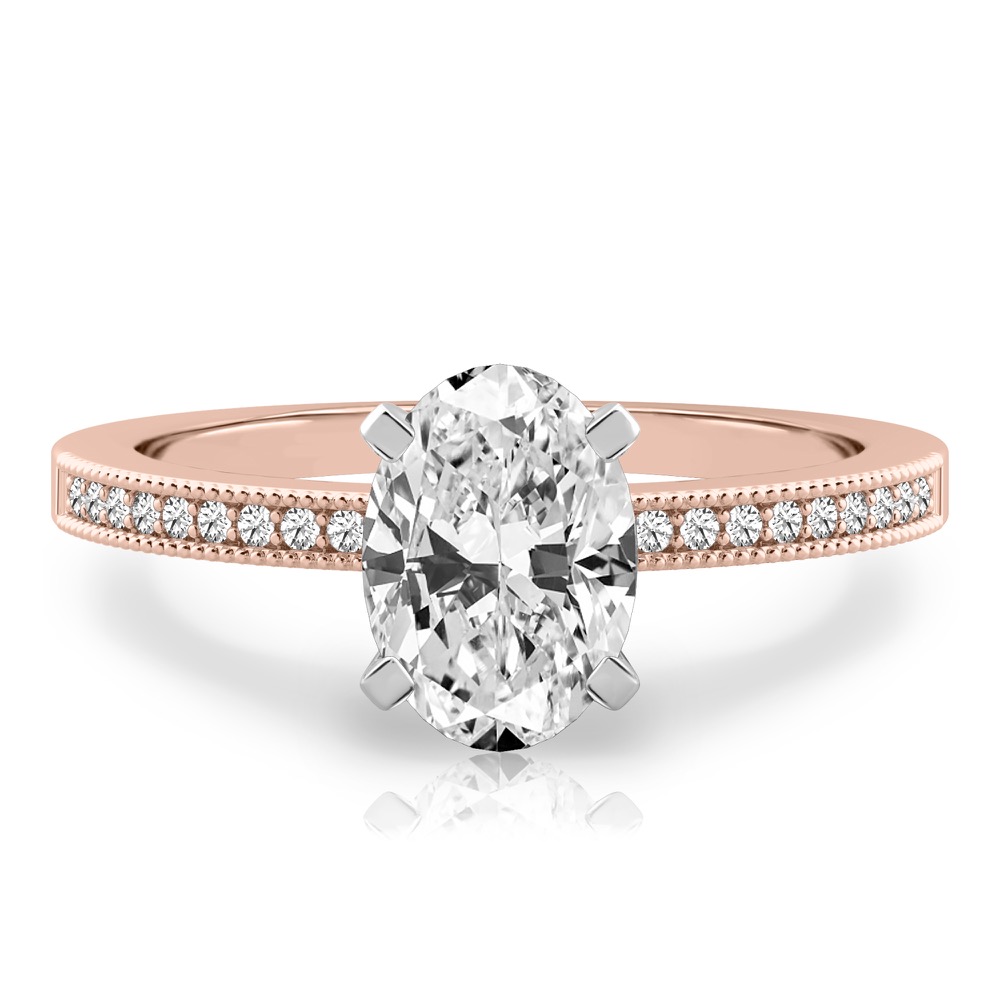 oval shape diamond petite milgrain diamond engagement ring in rose gold