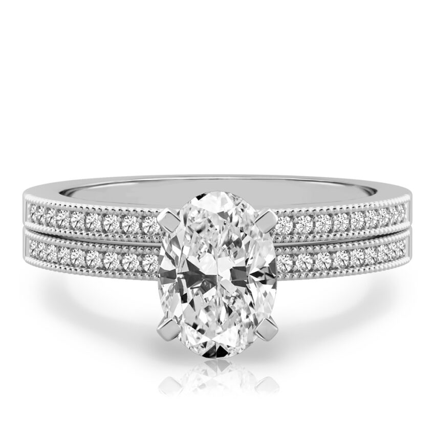 oval shape diamond petite milgrain diamond engagement ring set platinum