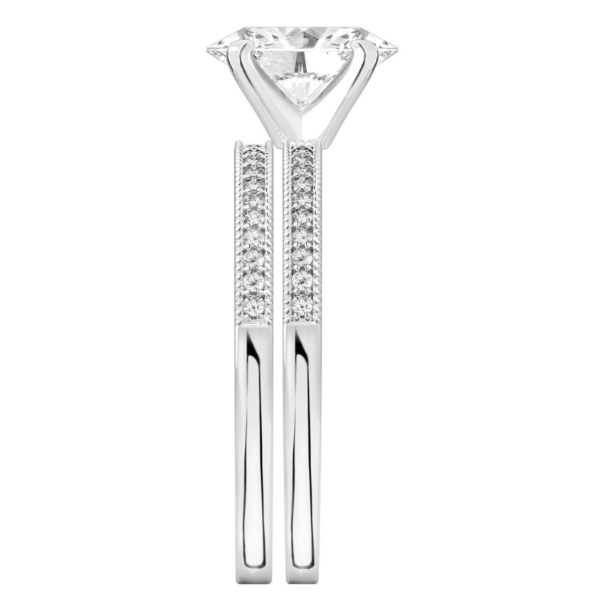 Side view of oval shape diamond petite milgrain diamond engagement ring set platinum