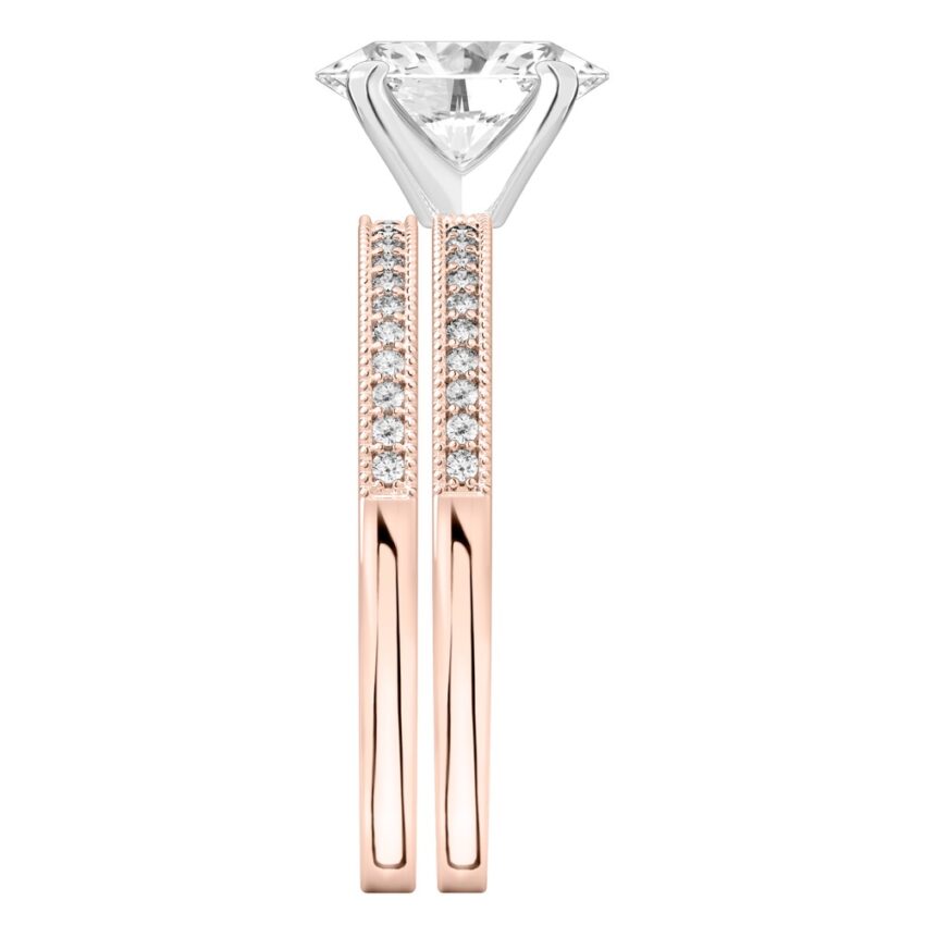 Side view of oval shape diamond petite milgrain diamond engagement ring set rose gold