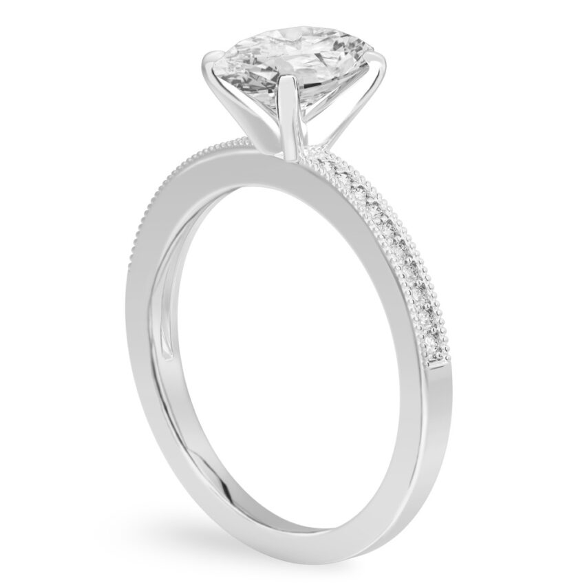 Angle view of oval shape diamond petite milgrain diamond engagement ring in white gold