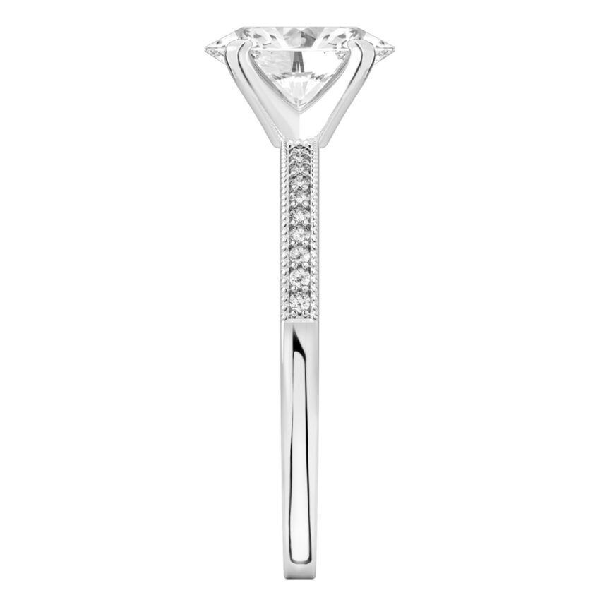 Side view of oval shape diamond petite milgrain diamond engagement ring in white gold