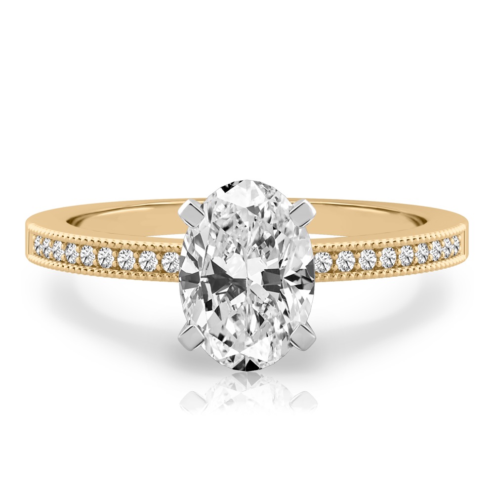 oval shape diamond petite milgrain diamond engagement ring in yellow gold