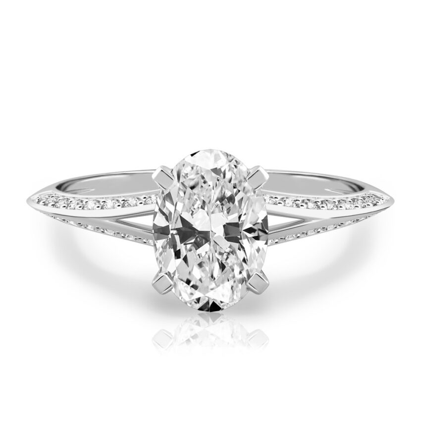 oval shape diamond split shank knife edge engagement ring in palladium