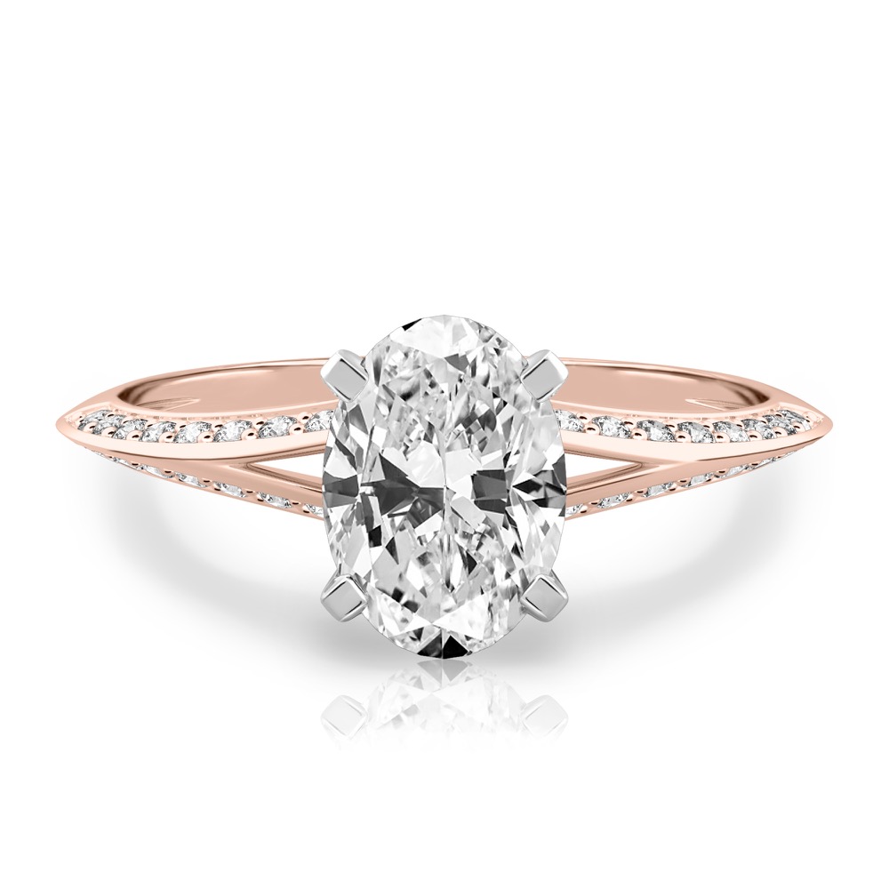 oval shape diamond split shank knife edge engagement ring in rose gold