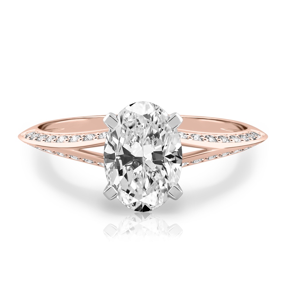 oval shape diamond split shank knife edge engagement ring in rose gold