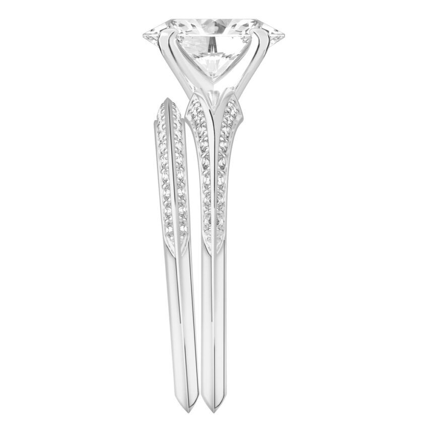 Side view of oval shape diamond split shank knife edge engagement ring in set platinum