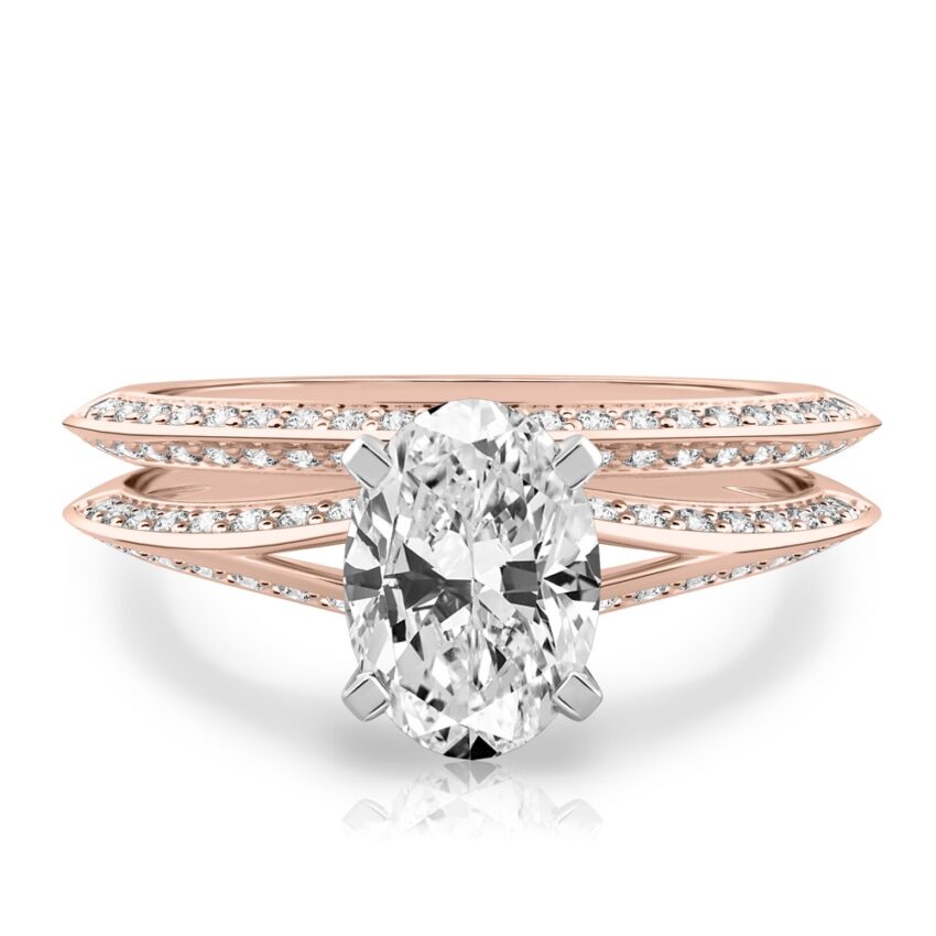 oval shape diamond split shank knife edge engagement ring in set rose gold