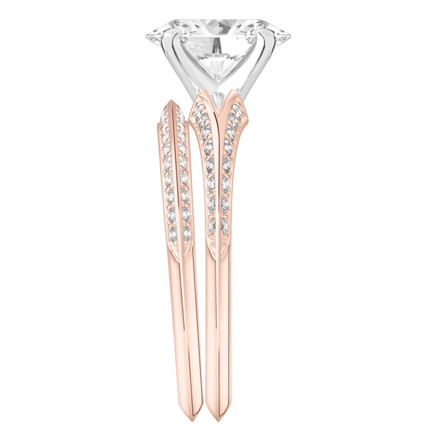 Side view of oval shape diamond split shank knife edge engagement ring in set rose gold