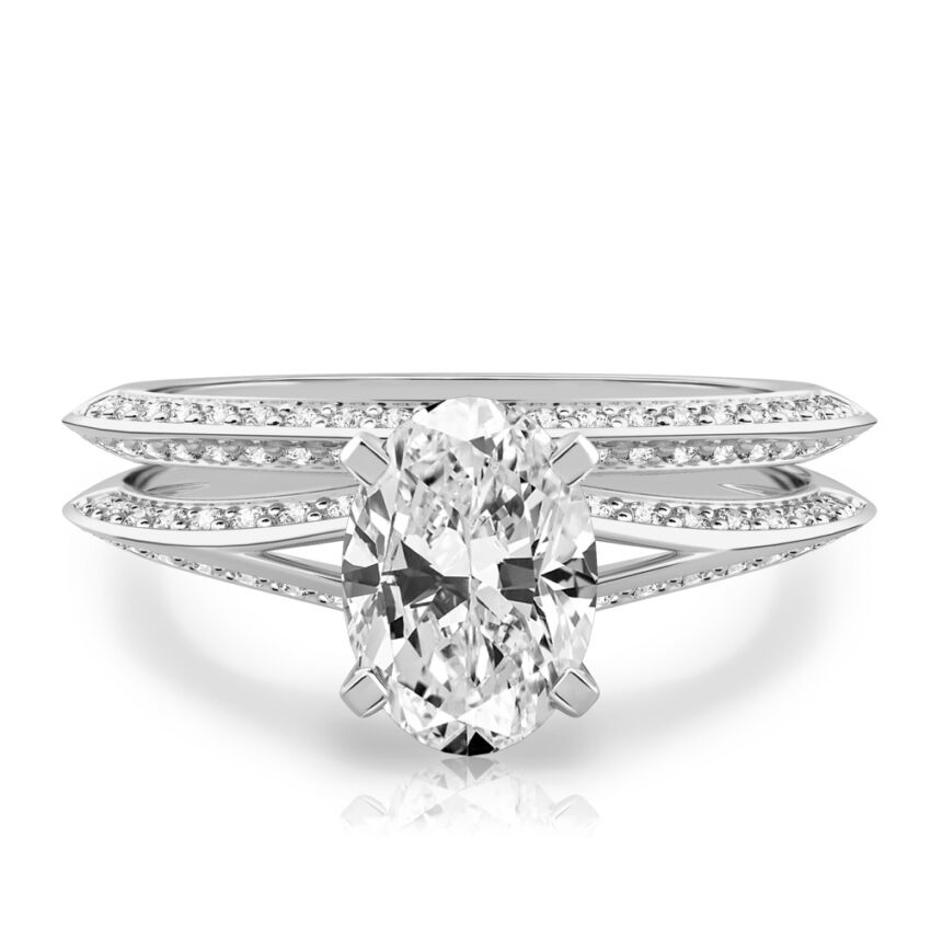 oval shape diamond split shank knife edge engagement ring in set white gold