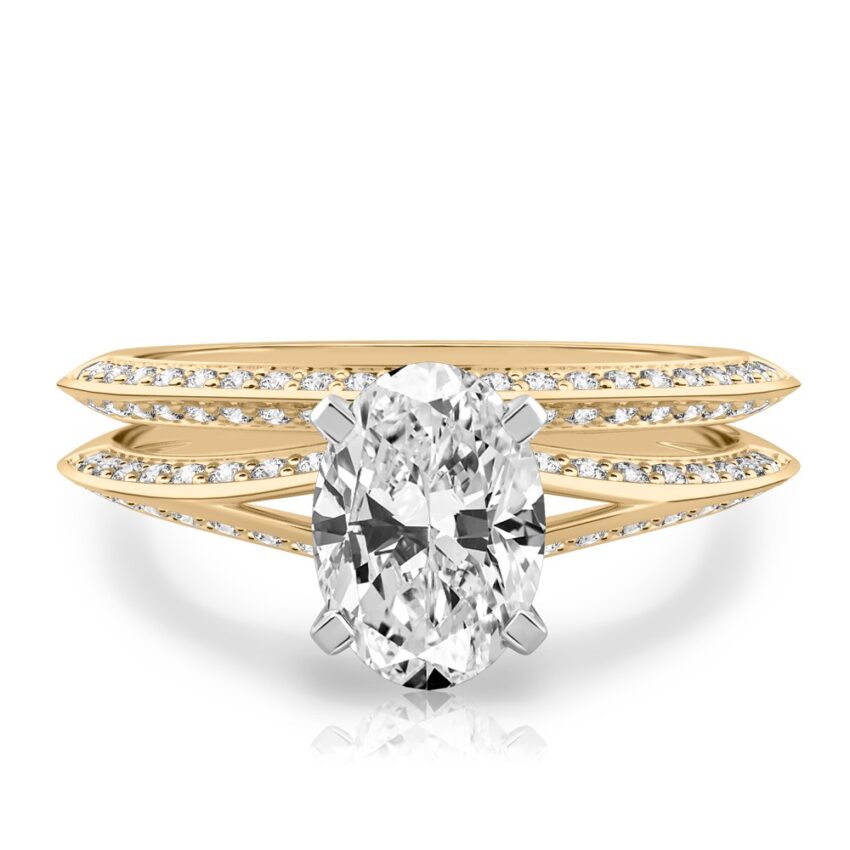 oval shape diamond split shank knife edge engagement ring in set yellow gold