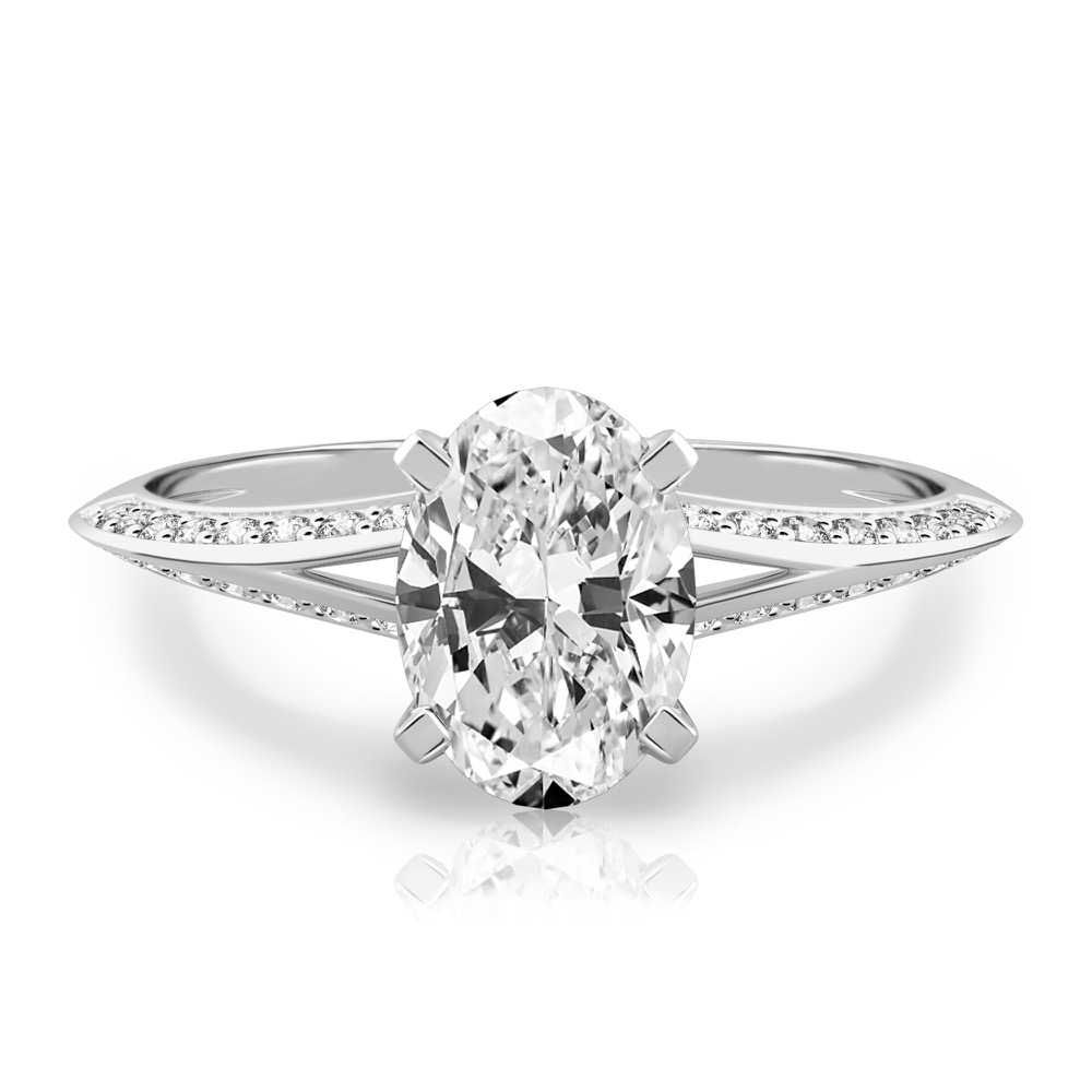 oval shape diamond split shank knife edge engagement ring in white gold