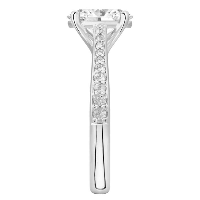 Side view of oval shape diamond tapered engagement ring in palladium