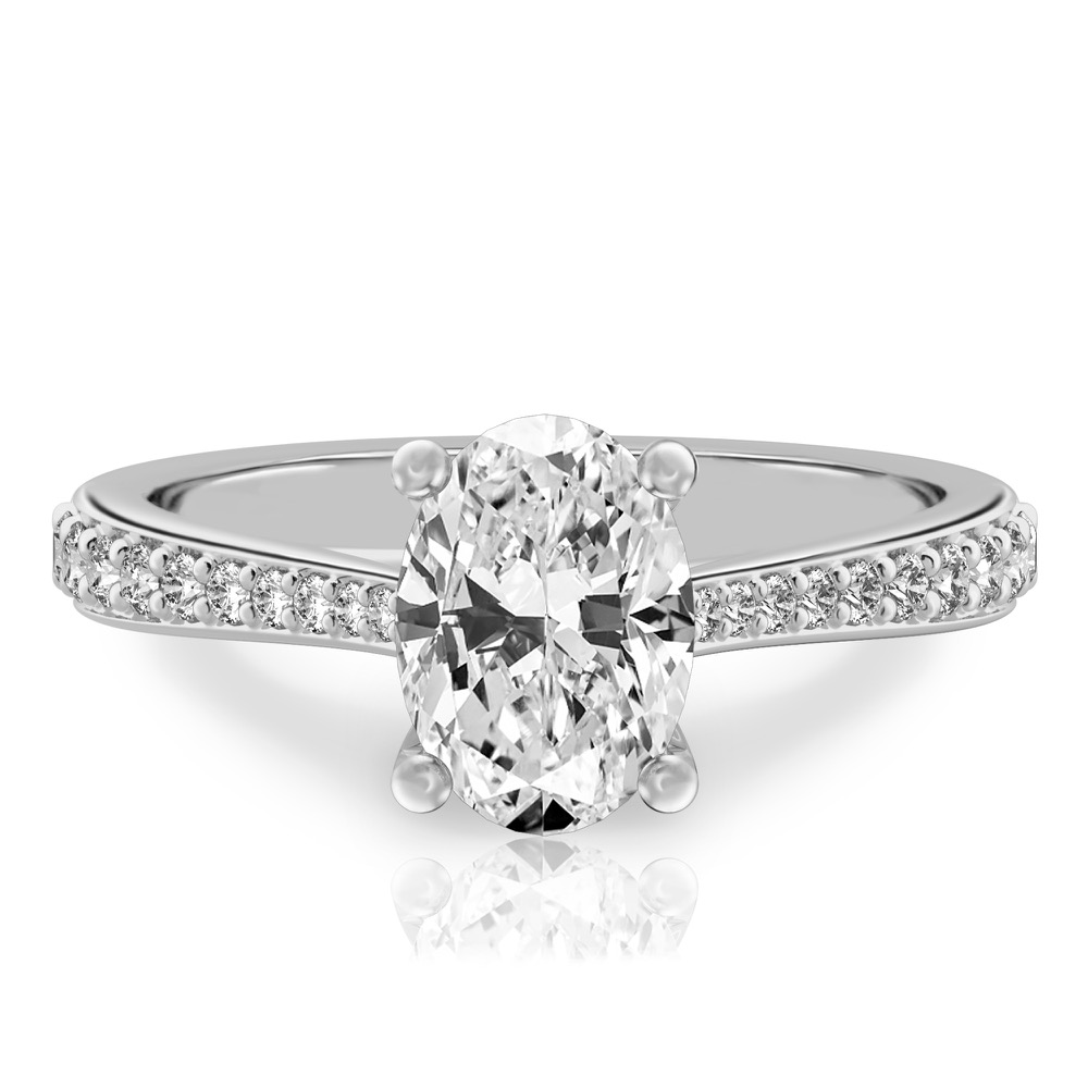 oval shape diamond tapered engagement ring in platinum