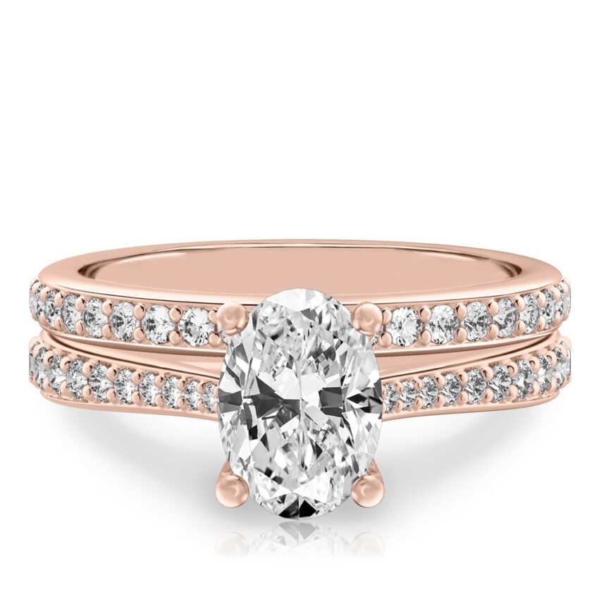 oval shape diamond tapered engagement ring set rose gold