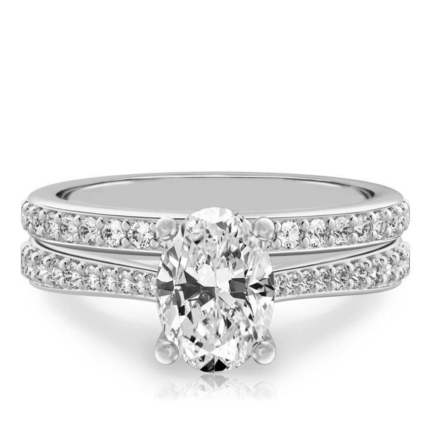 oval shape diamond tapered engagement ring set white gold