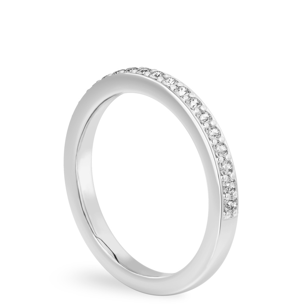 Angle view of pave diamond wedding band in platinum