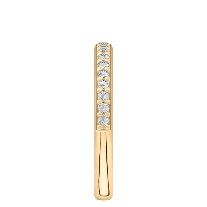 Side view of pave diamond wedding band in yellow gold