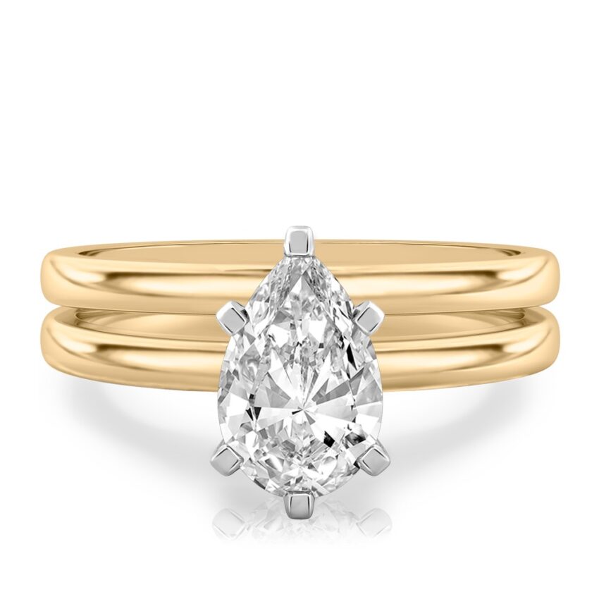 pear shape diamond classic solitaire engagement ring set yellow gold