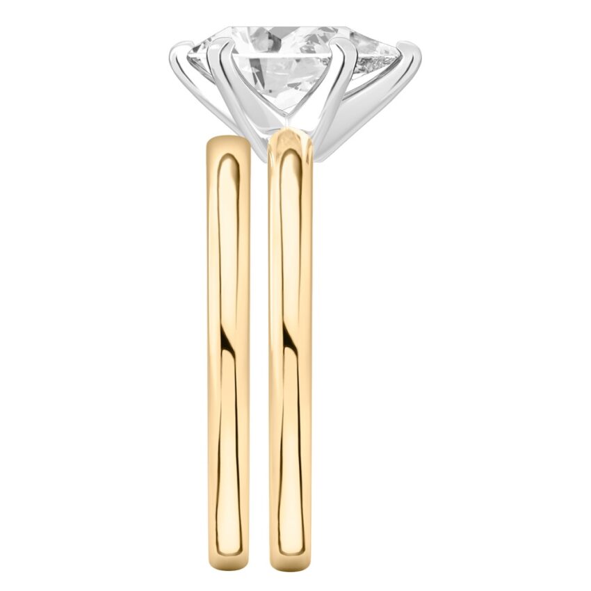 Side view of pear shape diamond classic solitaire engagement ring set yellow gold