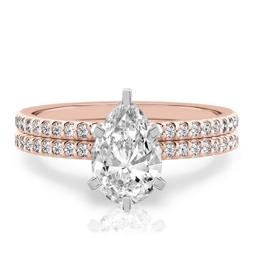 pear shape diamond dainty engagement ring set rose gold