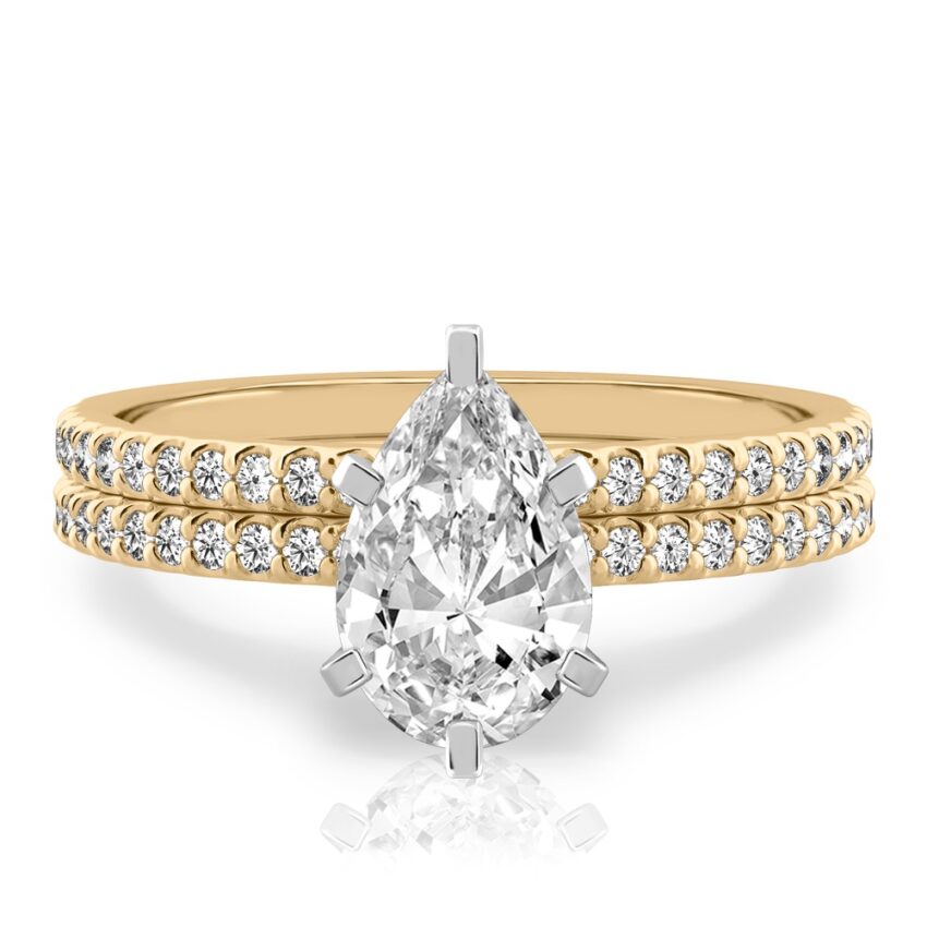 pear shape diamond dainty engagement ring set yellow gold