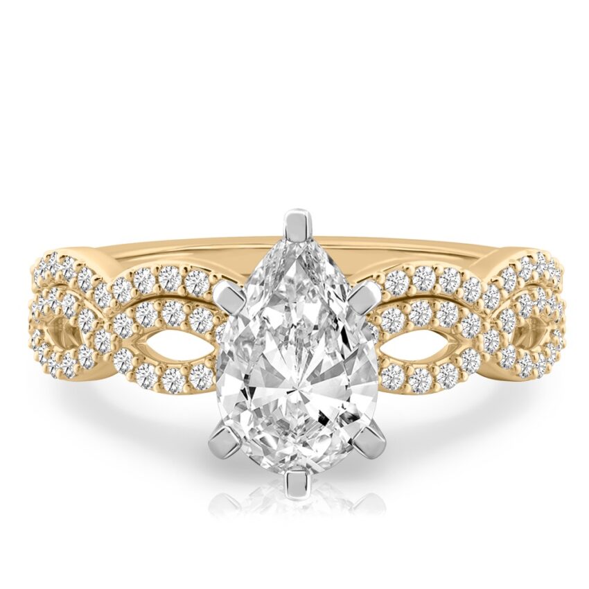 pear shape diamond infinity engagement ring set yellow gold