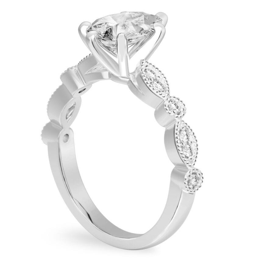 Angle view of pear shape diamond pandora engagement ring in palladium