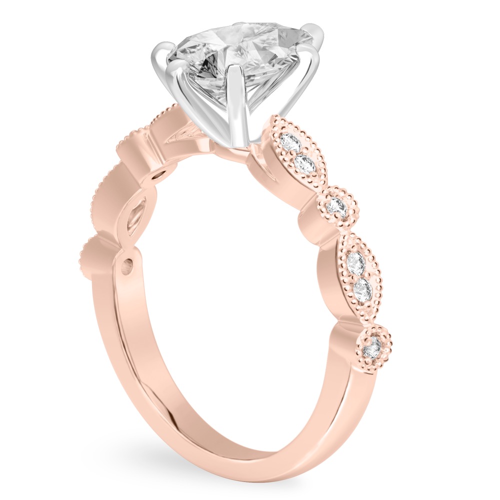 Angle view of pear shape diamond pandora engagement ring in rose gold