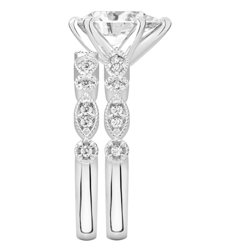 Side view of pear shape diamond pandora engagement ring in set platinum