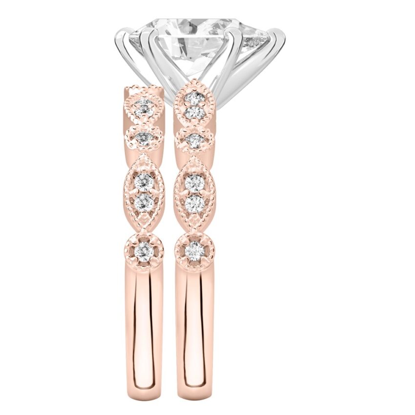 Side view of pear shape diamond pandora engagement ring in set rose gold