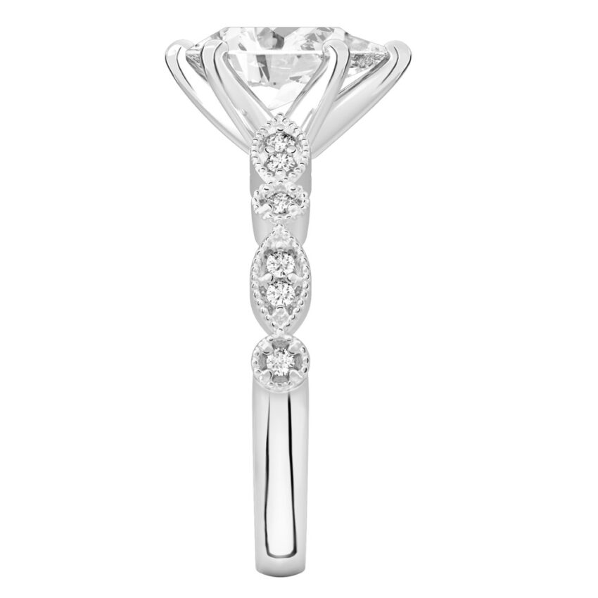 Side view of pear shape diamond pandora engagement ring in white gold