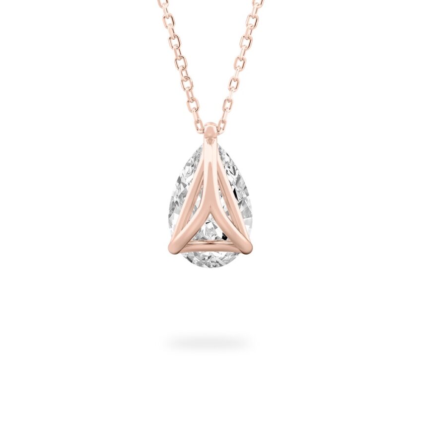 Back view of pear shape diamond pendant necklace in rose gold