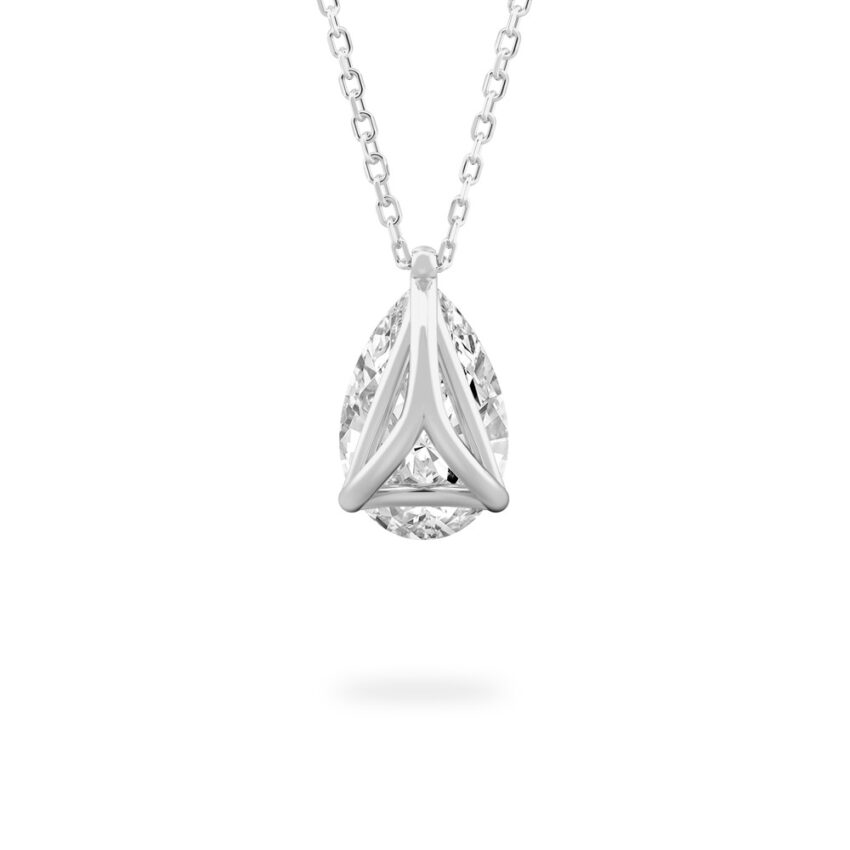 Back view of pear shape diamond pendant necklace in white gold