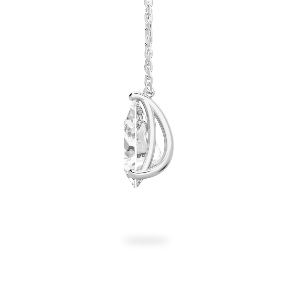Side view of pear shape diamond pendant necklace in white gold