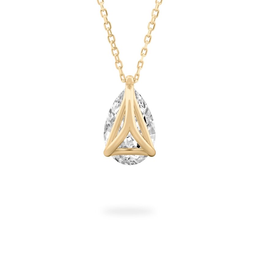 Back view of pear shape diamond pendant necklace in yellow gold