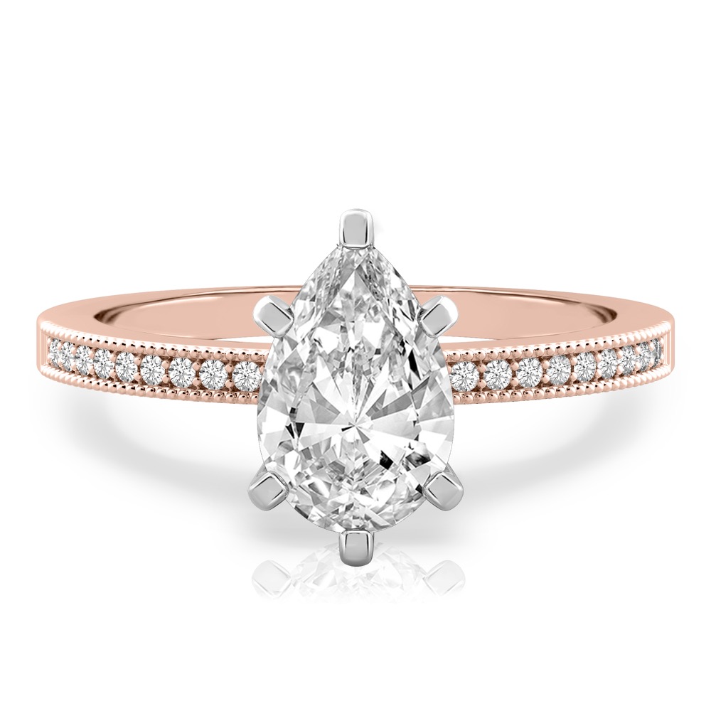 pear shape diamond petite milgrain diamond engagement ring in rose gold