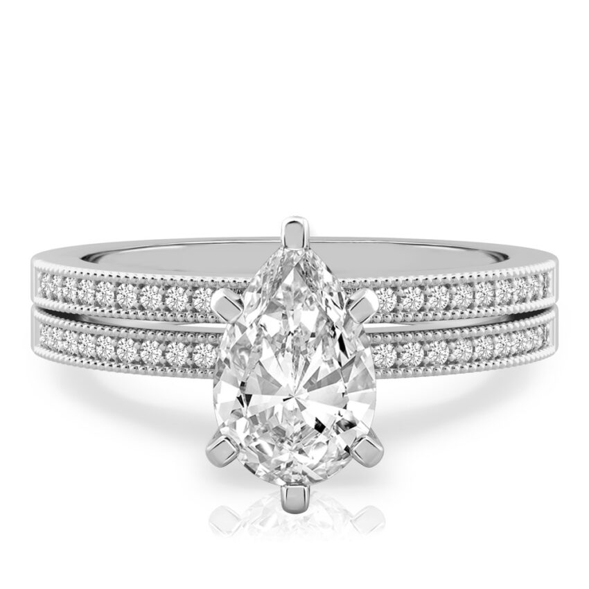 pear shape diamond petite milgrain diamond engagement ring set platinum
