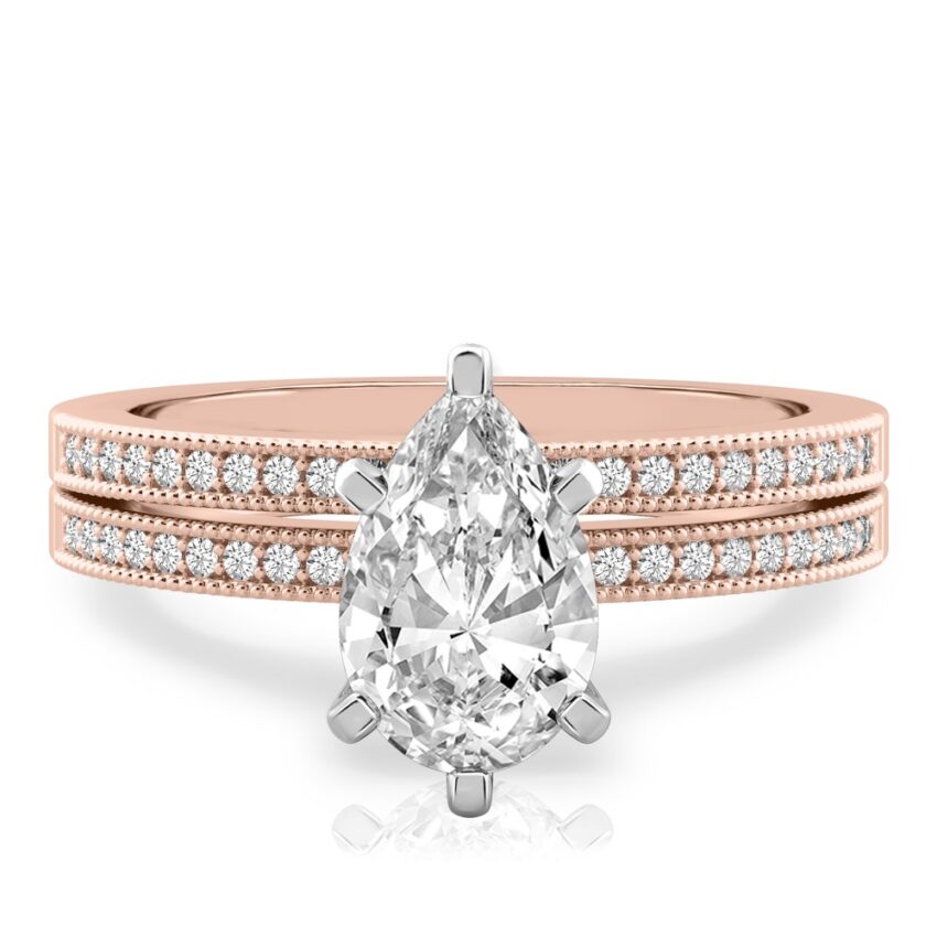 pear shape diamond petite milgrain diamond engagement ring set rose gold