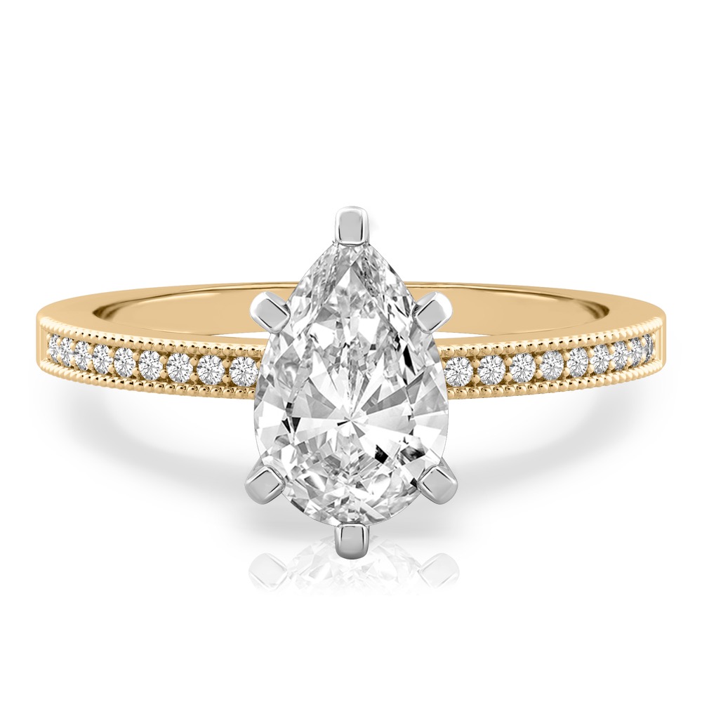 pear shape diamond petite milgrain diamond engagement ring in yellow gold