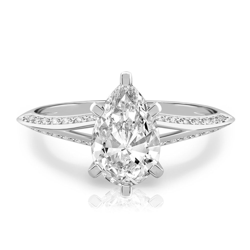 pear shape diamond split shank knife edge engagement ring in platinum