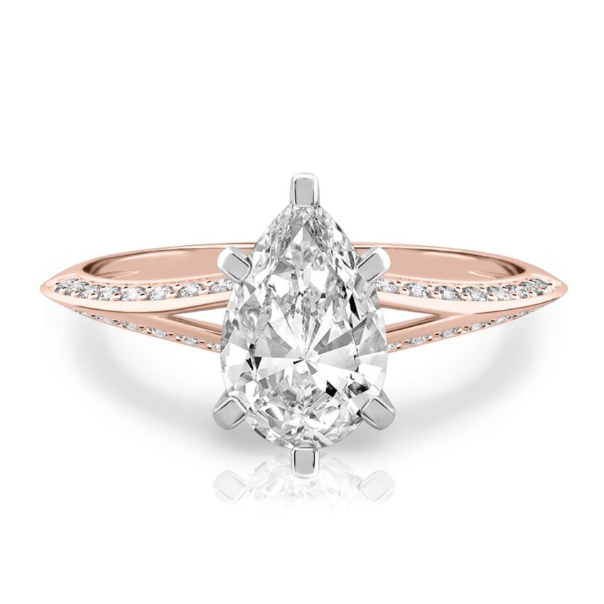 pear shape diamond split shank knife edge engagement ring in rose gold